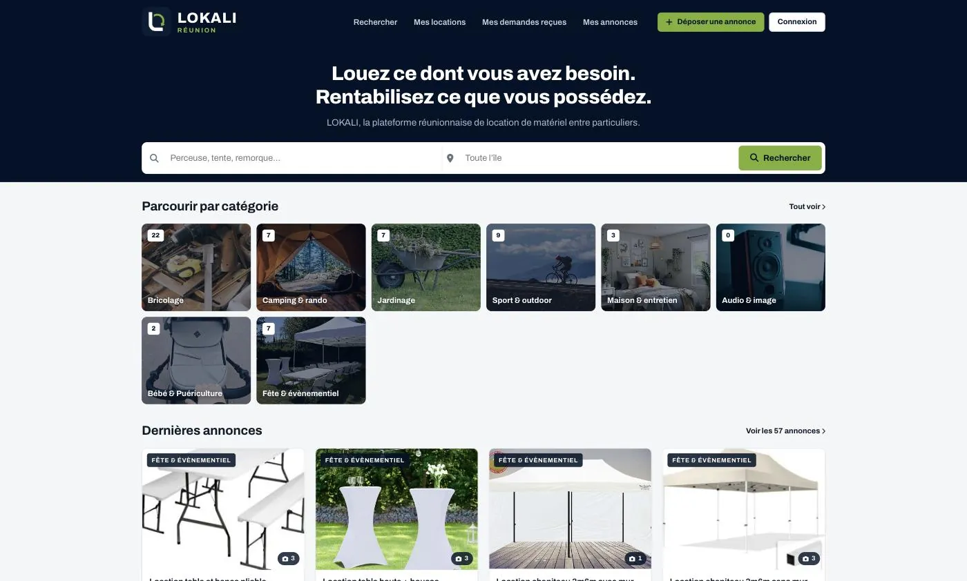 Page d'accueil de Lokali en production : recherche par mot-clé et par commune, catégories et dernières annonces