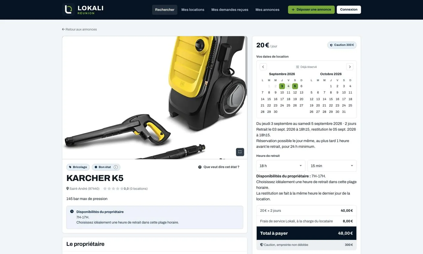 La même fiche annonce en production sur lokali.re, avec le calendrier, la caution et le détail du prix