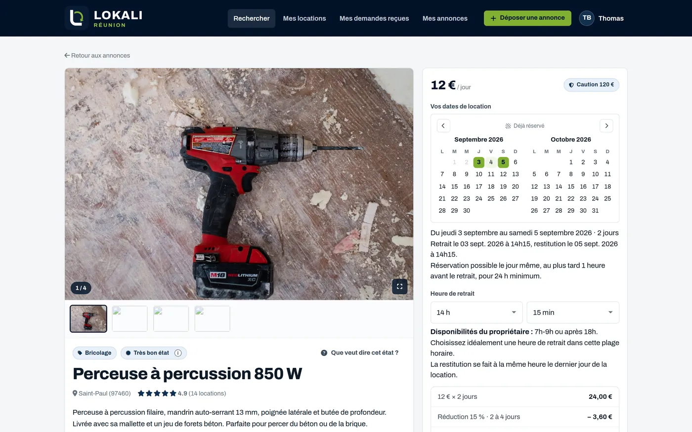 Écran statique du prototype : fiche annonce avec calendrier, heure de retrait et calcul du prix