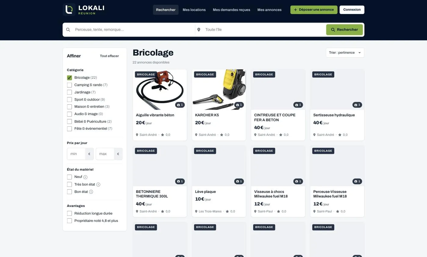 Recherche filtrée sur lokali.re : filtres par catégorie, prix, état du matériel et avantages