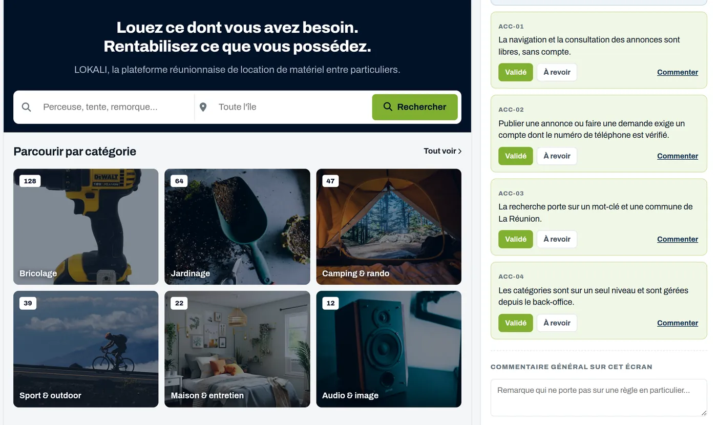 Outil de validation : l'écran s'affiche à gauche, ses règles fonctionnelles à droite avec les boutons Validé, À revoir et Commenter